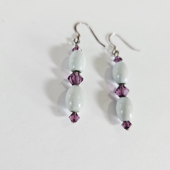 Vintage Hand Made Sterling Silver Beaded Amethyst Crystal Dangle Drop Earrings - Picture 2 of 7